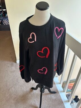 Belle by Kim Gravel Black Crewneck Sweater with Pink & Red Hearts